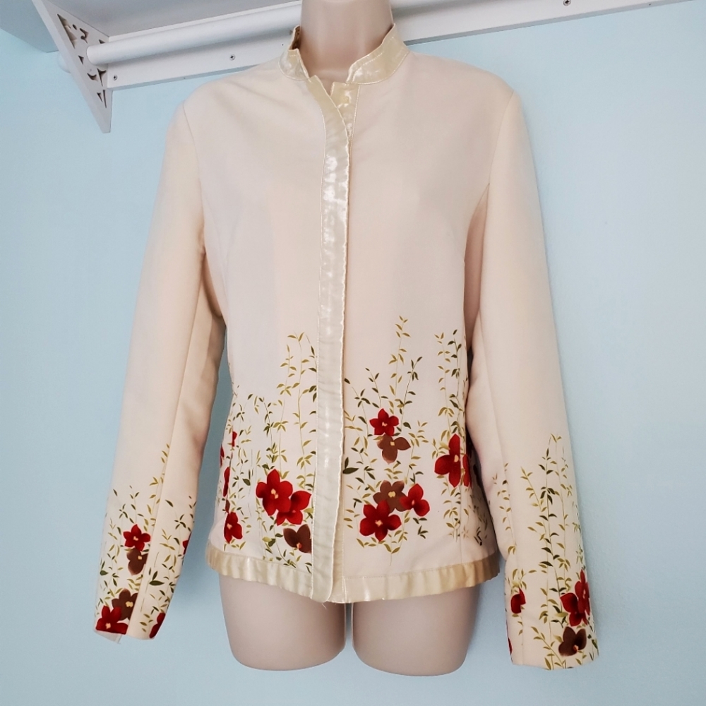 Metrostyle Beige Floral Accent Nehru Collar Jacket - Sz 8